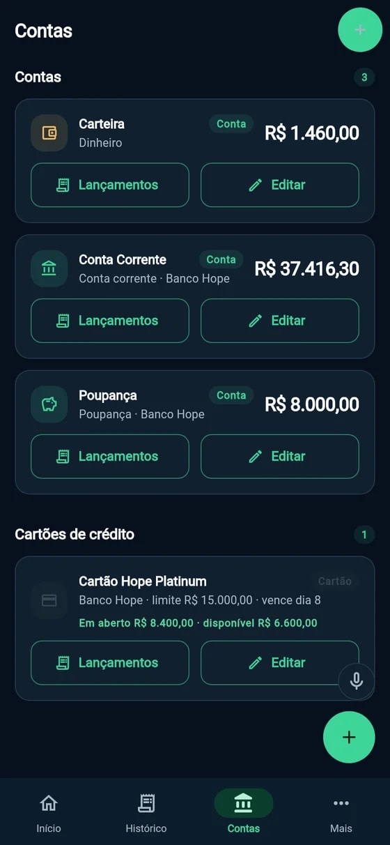 Tela de contas e cartões do HopeCash com saldos por conta