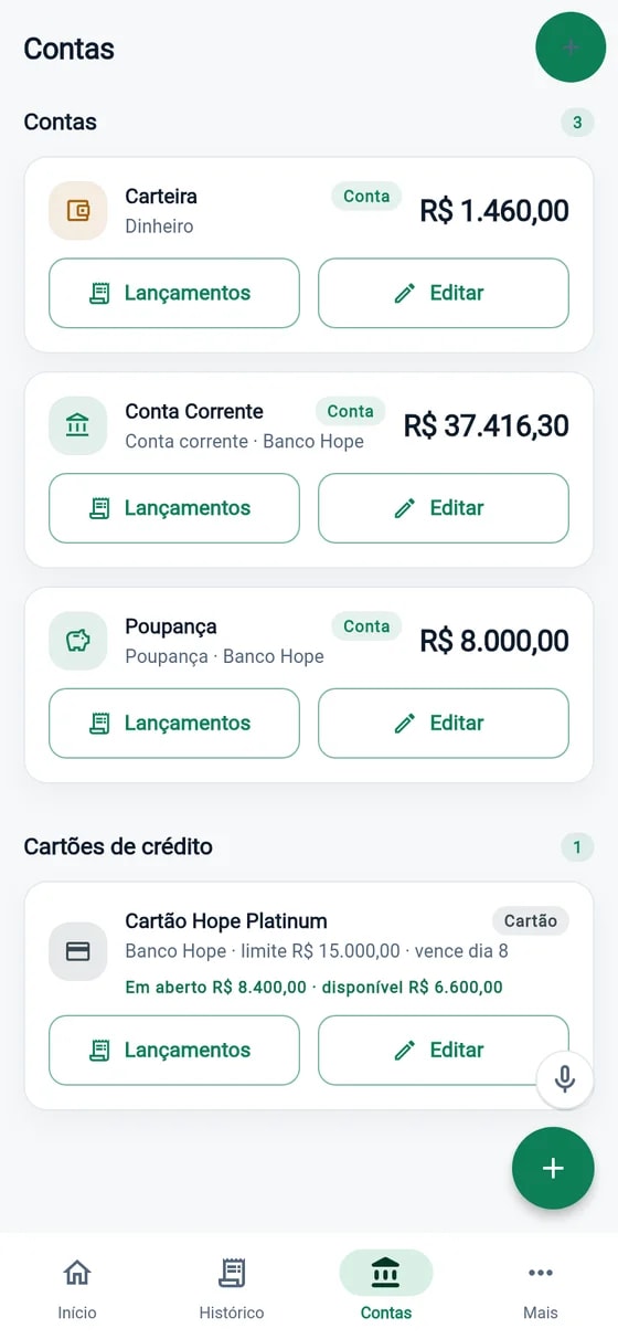 Tela de contas e cartões do HopeCash com saldos por conta