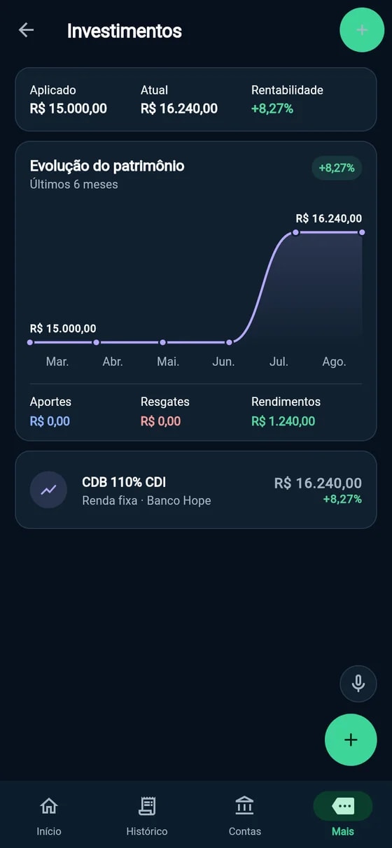Tela de investimentos do HopeCash com a evolução do patrimônio