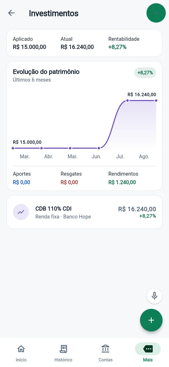 Tela de investimentos do HopeCash com a evolução do patrimônio