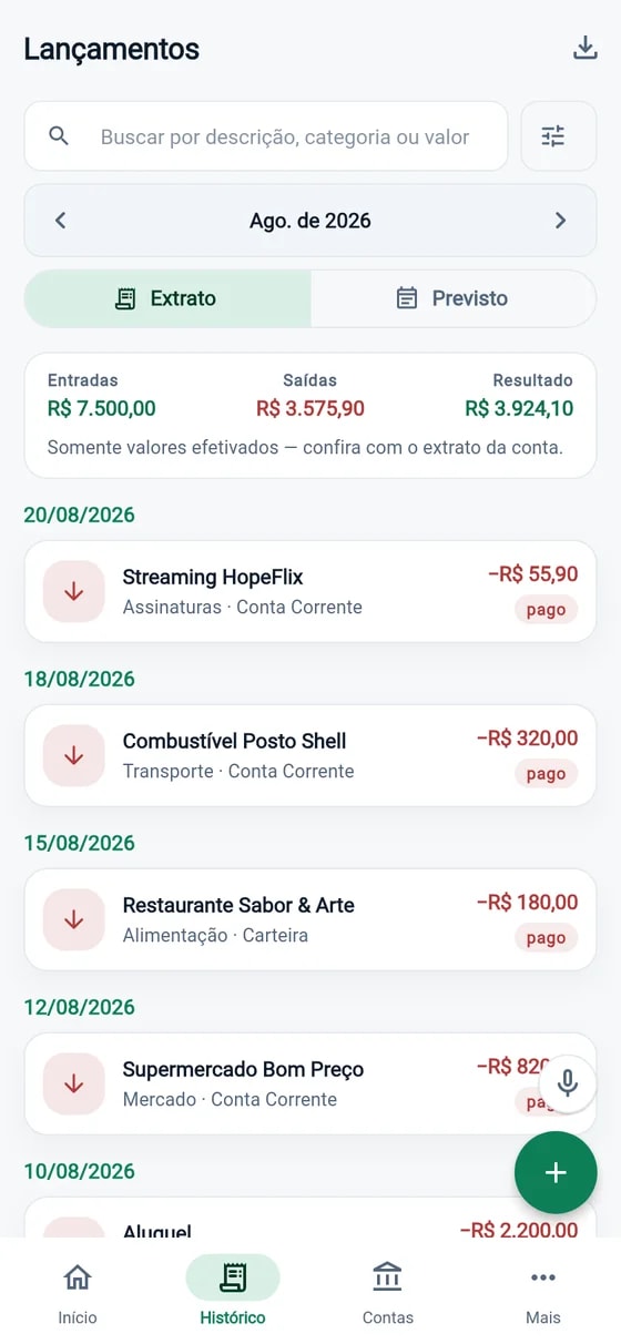 Tela de lançamentos do HopeCash separando realizado e previsto